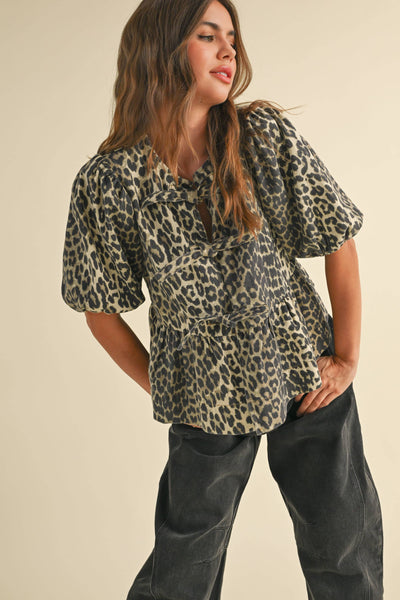 LEOPARD PRINT TIE-FRONT BLOUSE