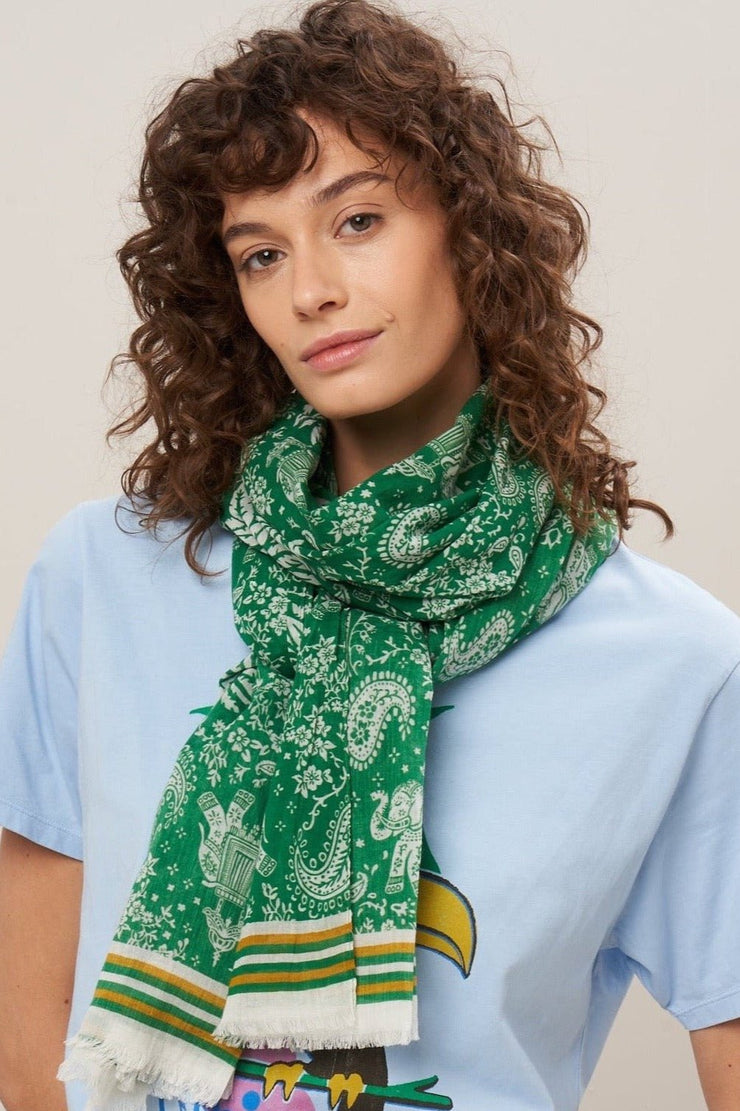 Hartford Green Cotton Voile Elephants Scarf - Whim BTQ