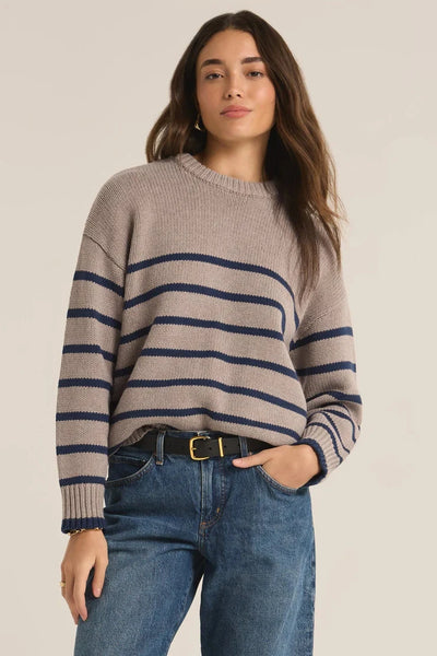 Z Supply Boyfriend Stripe Sweater in Heather Taupe