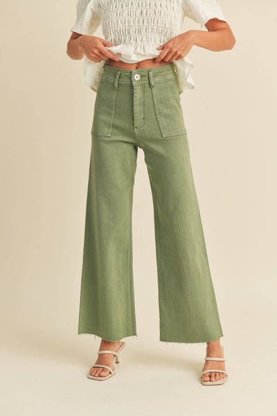 MIOU MUSE Dye and Wash Cotton Stretch Wide Leg Pants in Avocado