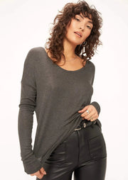 Project Social T Charlotte Relaxed Scoop Neck Rib Long Sleeve in Charcoal - Whim BTQ