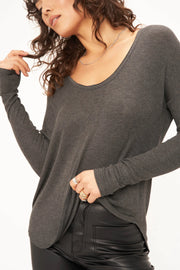 Project Social T Charlotte Relaxed Scoop Neck Rib Long Sleeve in Charcoal - Whim BTQ
